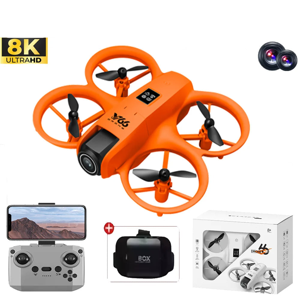V66 Mini Quadcopter Drone 6K/8K UHD Optional VR Goggles Orange