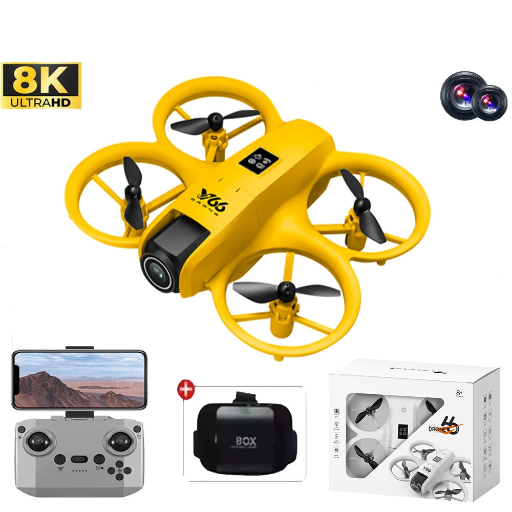 V66 Mini Quadcopter Drone 6K/8K UHD Optional VR Goggles Yellow