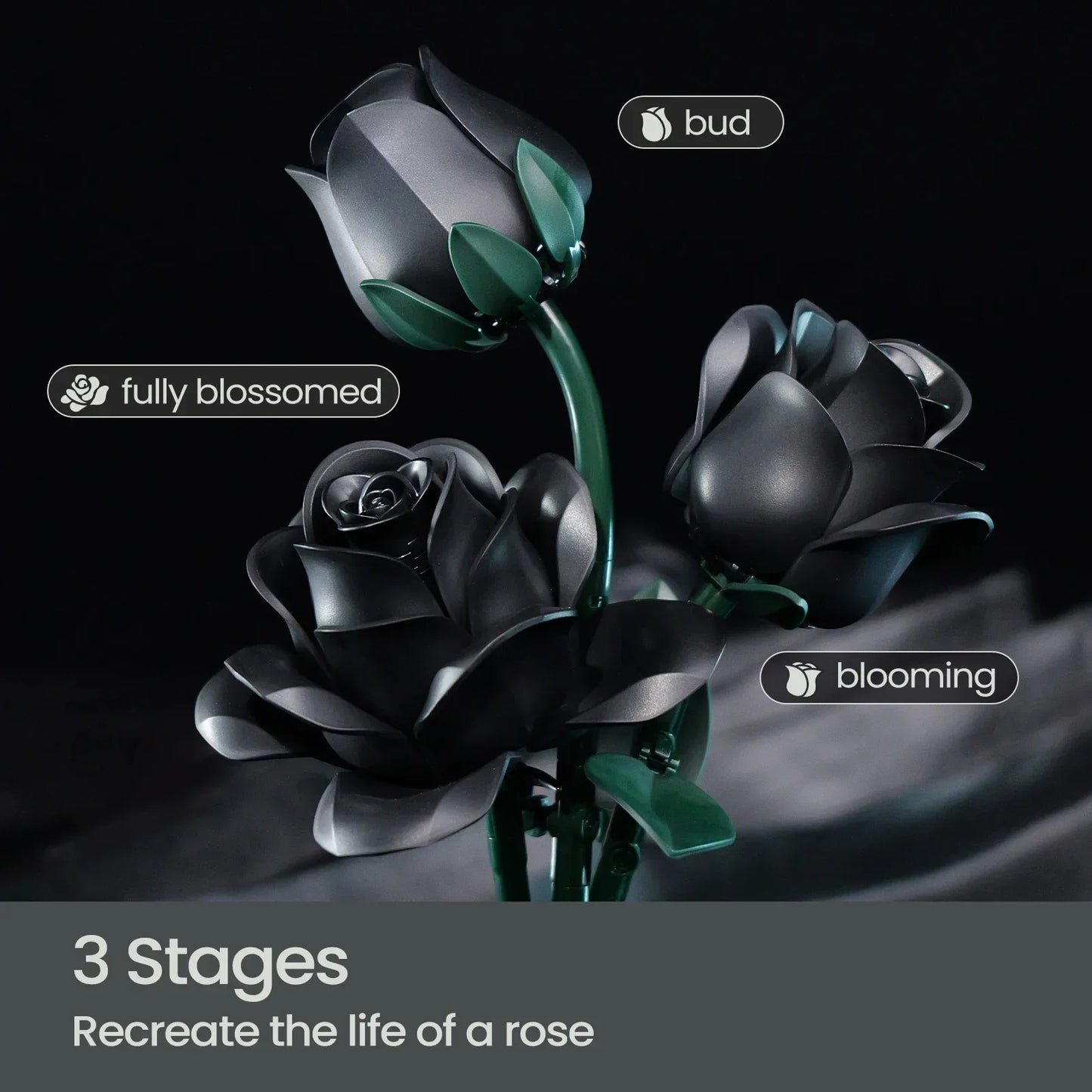 SuperOwls | Dark Kiss Black Rose Bouquet Building Block Set