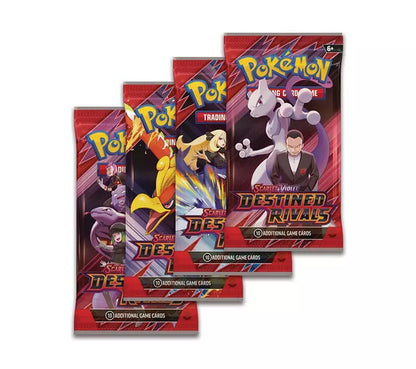 Four packs of Pokémon TCG Scarlet & Violet Destined Rivals Booster Pack trading cards on a white background