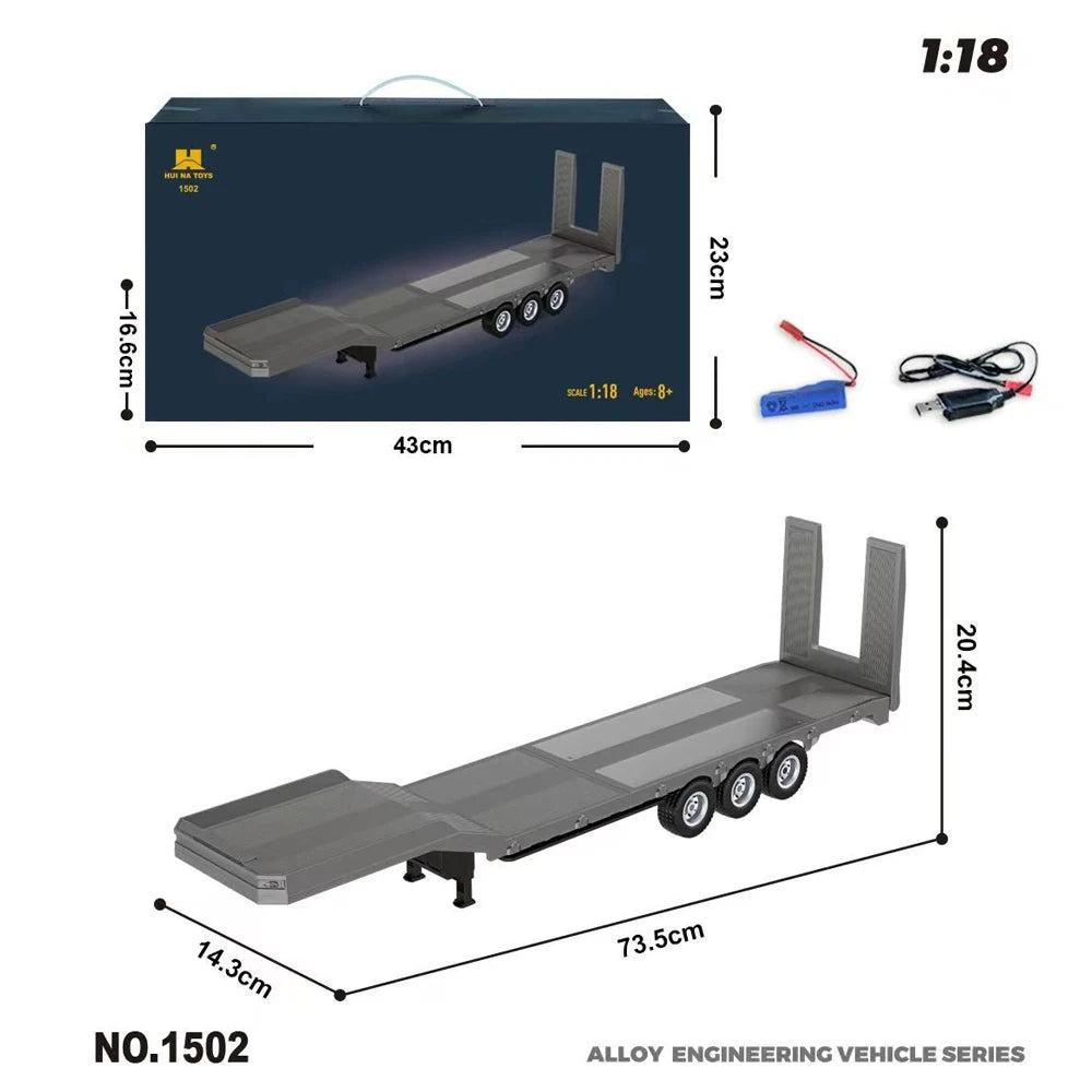 Model trailer with dimensions and accessories on a white background