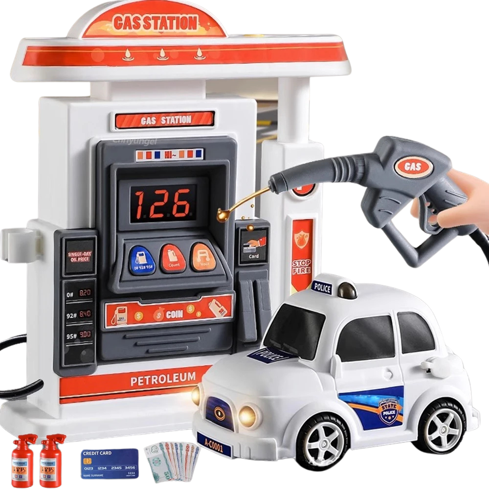 Tankstellen-Simulationsauto und Zapfsäulenmodell mit Betankungssprühfunktion