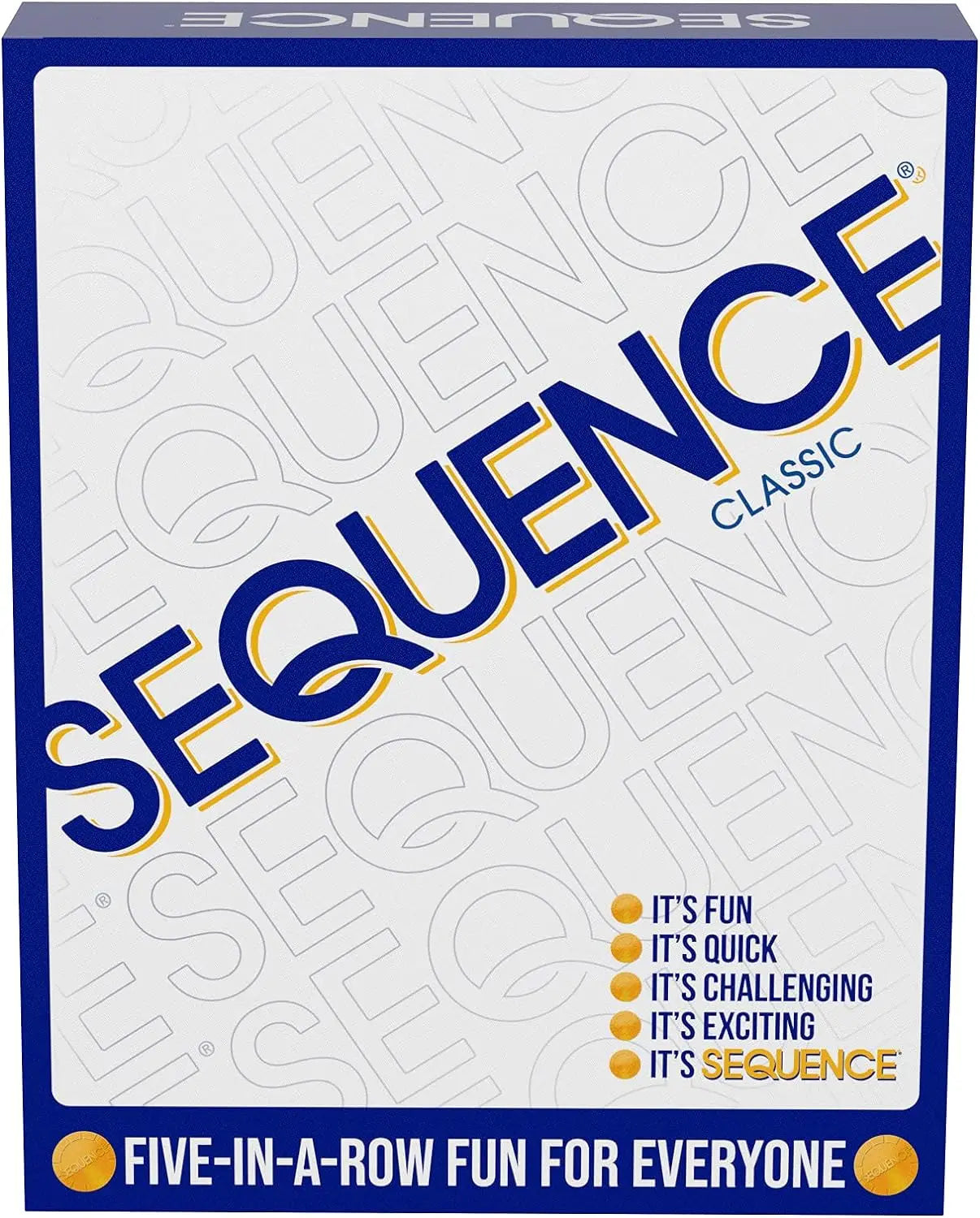 Sequence board game box with blue and yellow text on a white background