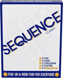 Sequence board game box with blue and yellow text on a white background