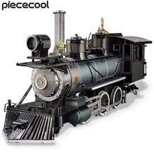 Metal model of a steam locomotive with Piececool branding on a white background