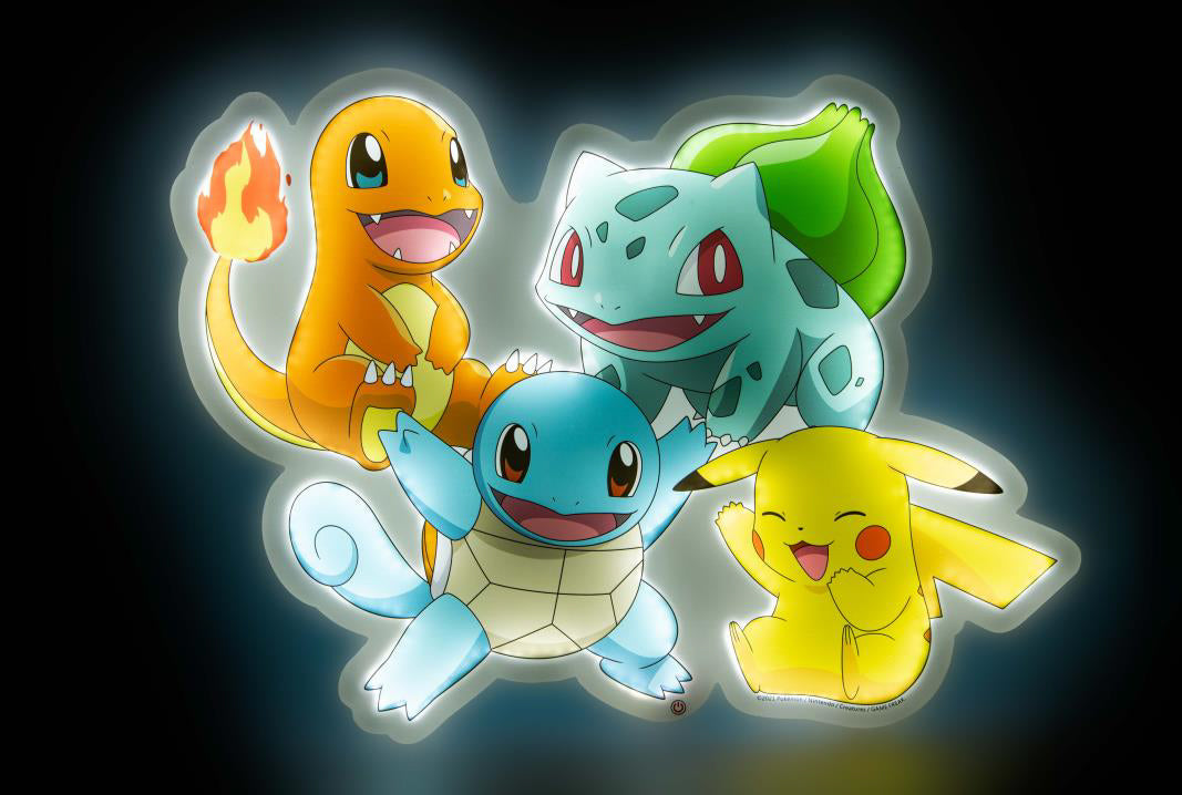 Pokémon Pikachu and Pokémon Starters Light-Up Neon Style Four cartoon characters on a dark background
