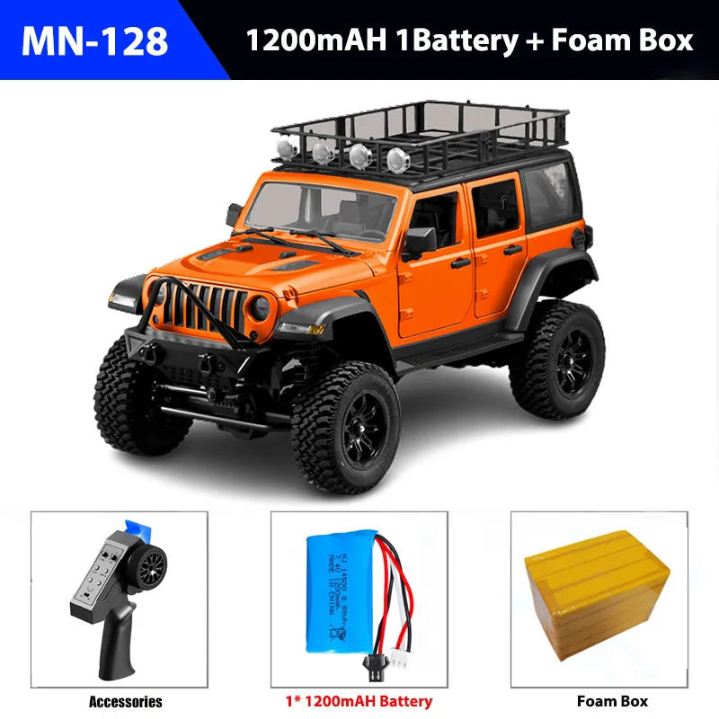 Orange toy jeep with accessories including a remote control, battery, and foam box on a white background.