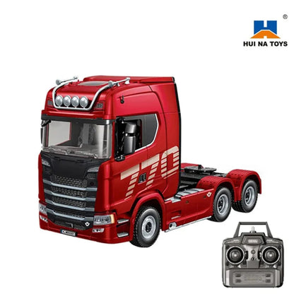 Red toy truck with remote control on a white background, featuring Hui Na Toys logo.