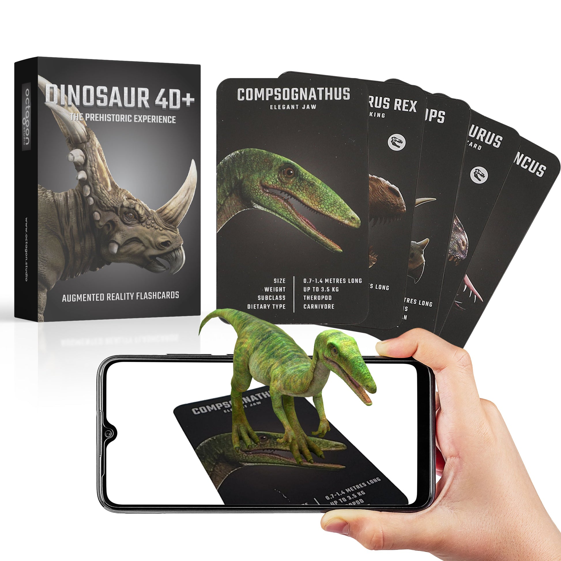 Dinosaur 4D+ augmented reality flashcards with smartphone app and hand holding a phone displaying a dinosaur.