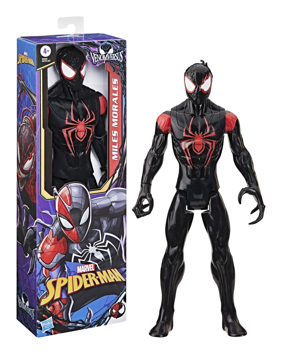 Spiderman vs Venom - Miles Morales 12 Inch (30cm) Figure Marvel Spider-Man action figure with Miles Morales design next to its packaging