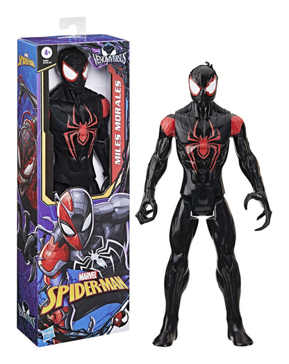 Spiderman vs Venom - Miles Morales 12 Inch (30cm) Figure Marvel Spider-Man action figure with Miles Morales design next to its packaging