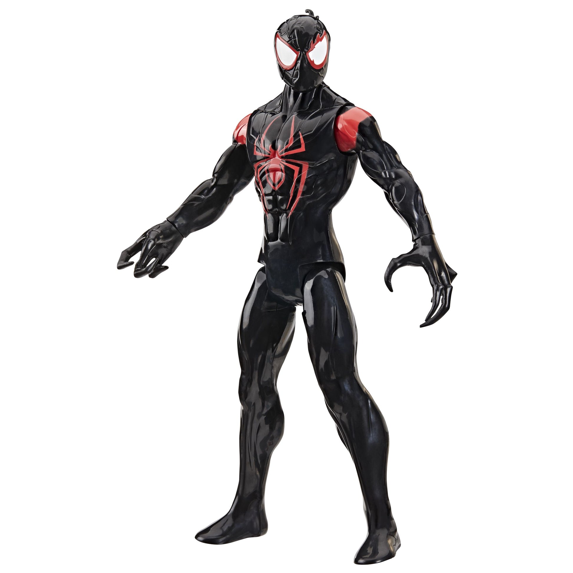 Spiderman vs Venom - Miles Morales 12 Inch (30cm) Figure Black spider-themed action figure on a white background