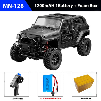 Model of a black off-road vehicle with accessories including a remote control, battery, and foam box on a white background.