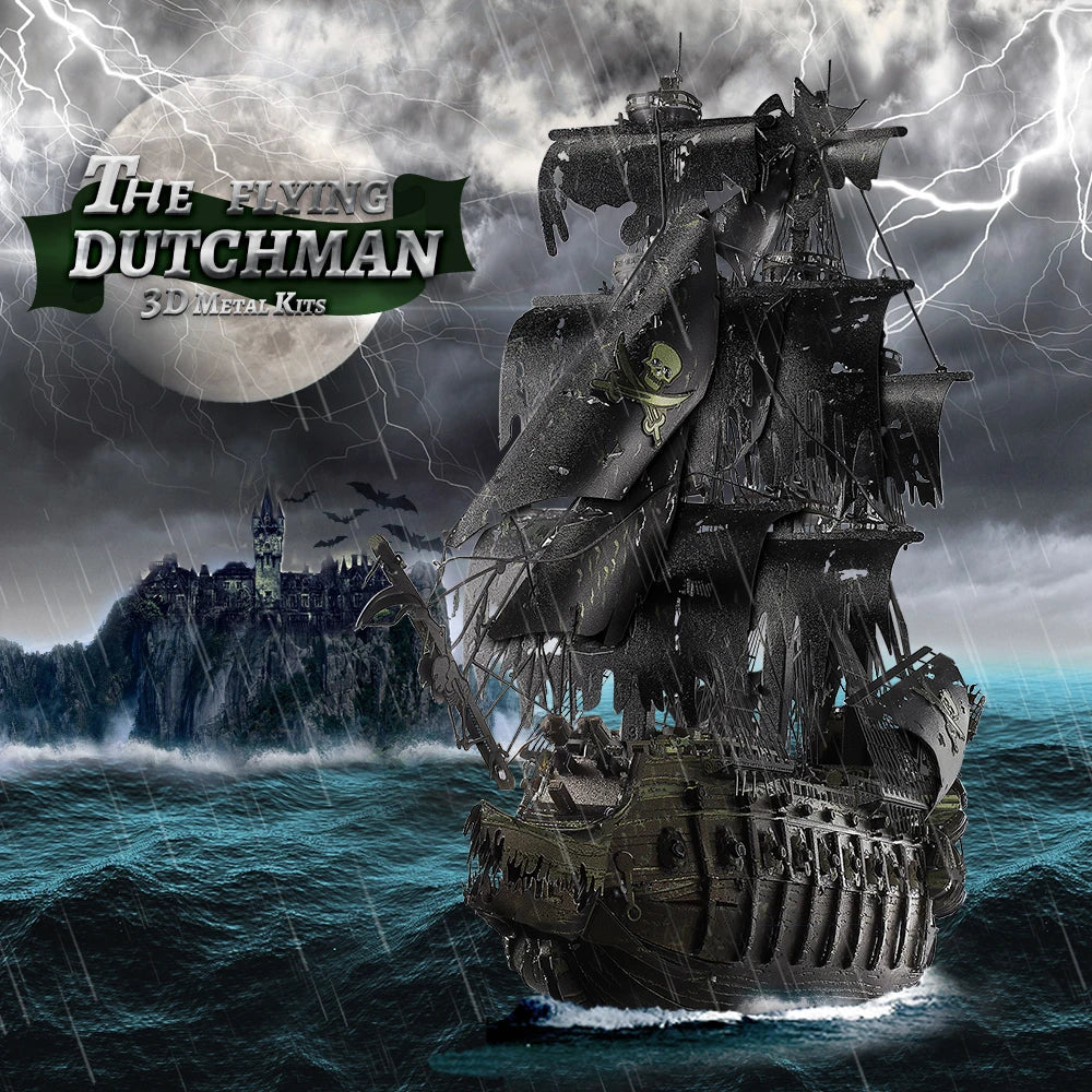 Model ship on stormy water with 'The Flying Dutchman' logo
