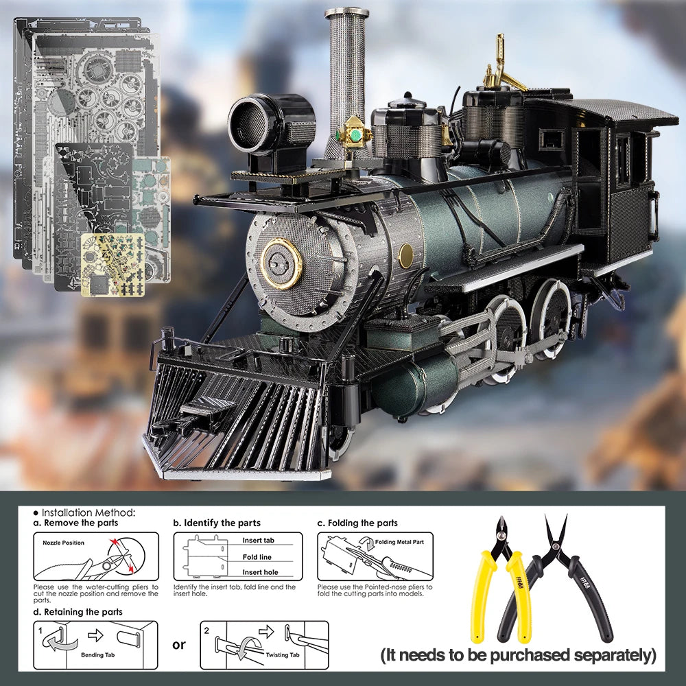 Model steam locomotive kit with instructions and tools on a blurred background