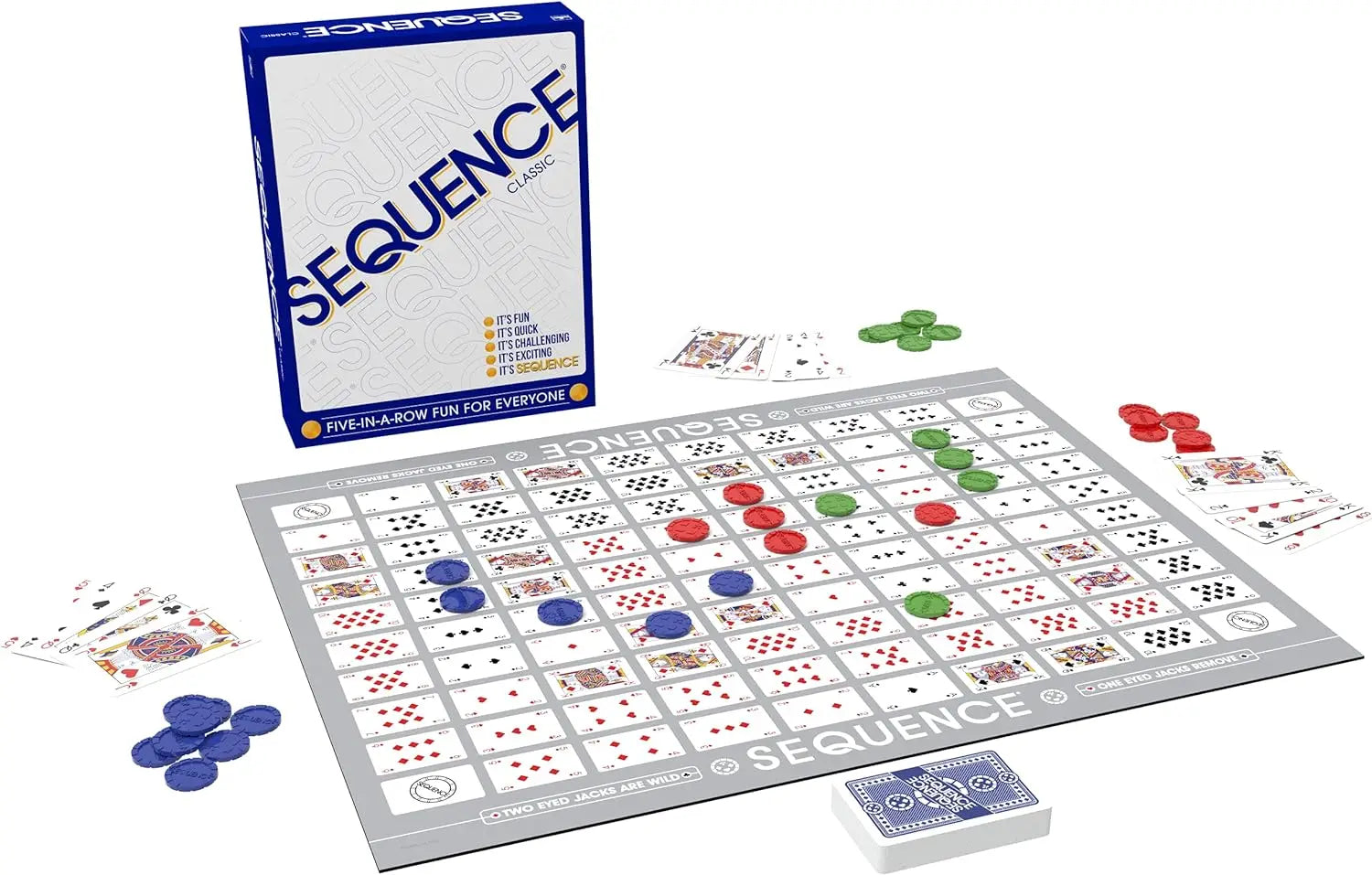 Sequence board game with pieces and cards on a white background