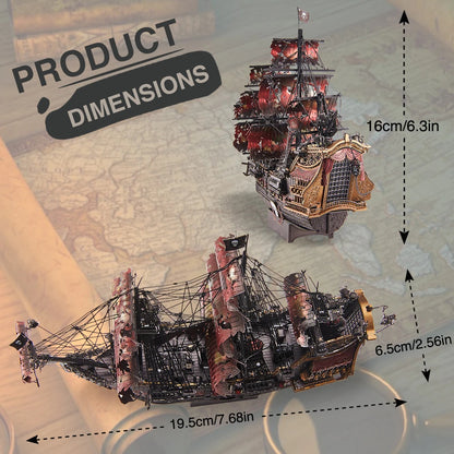 Model ship with dimensions indicated on a map background