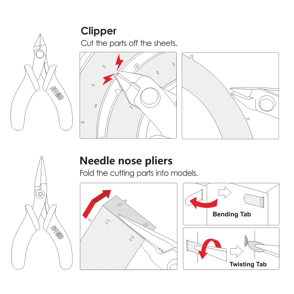 Instructions for using clipper and needle nose pliers on a white background