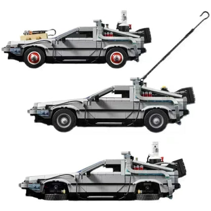 Three views of a toy model of the DeLorean time machine from Back to the Future, made from interlocking bricks.
