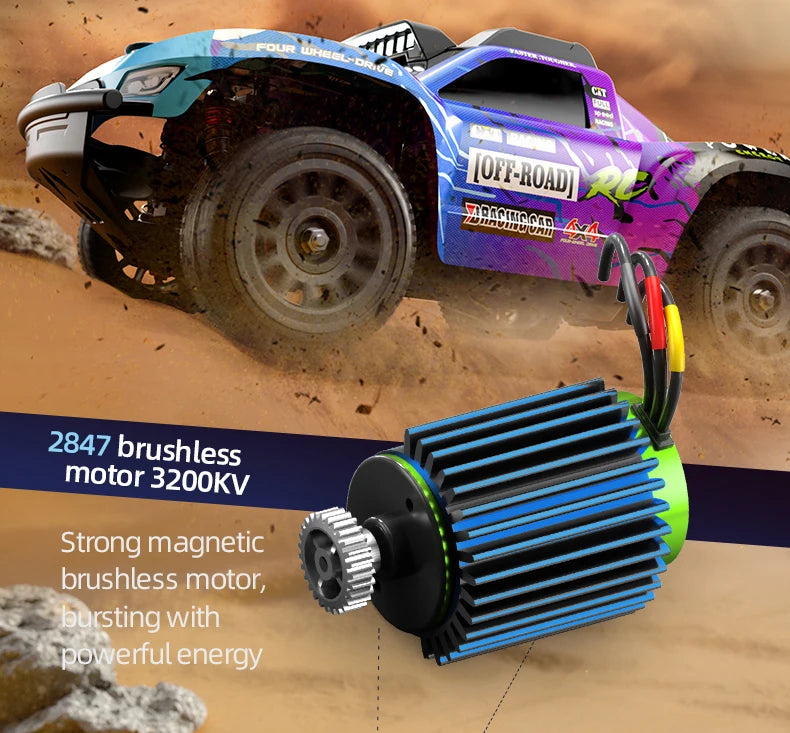 Toy truck and brushless motor on a desert background with text about specifications.