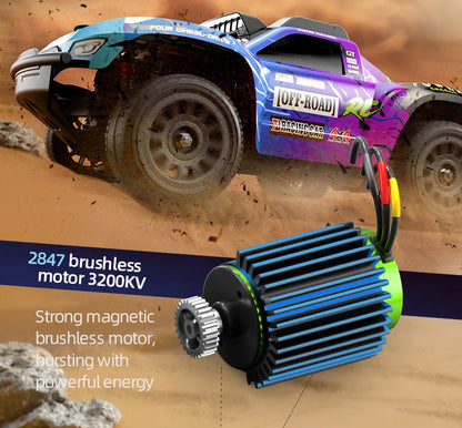 Toy truck and brushless motor on a desert background with text about specifications.