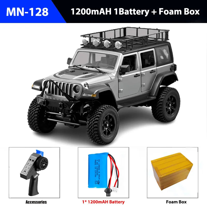 Model Jeep with accessories including a remote control, battery, and foam box on a white background.