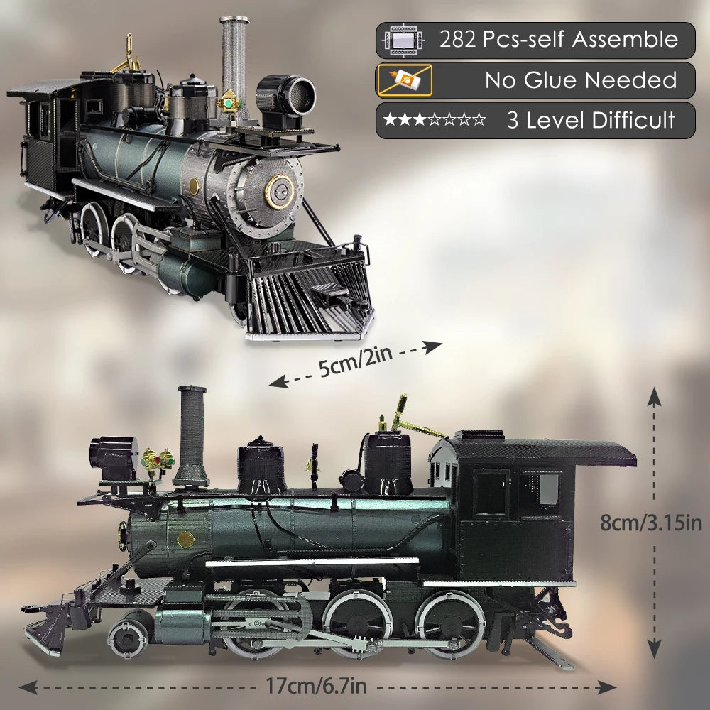 Model of a steam locomotive with assembly details and dimensions on a gray background