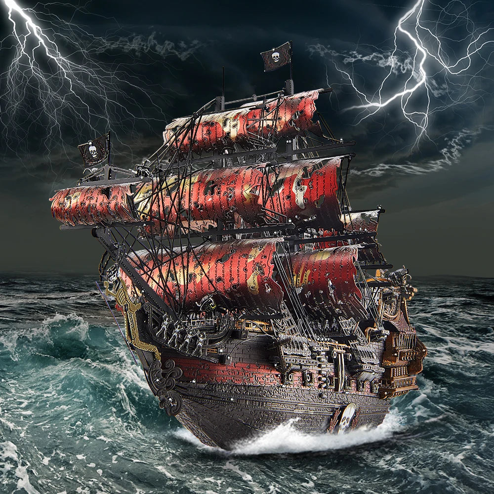 Pirate ship in a stormy sea with lightning