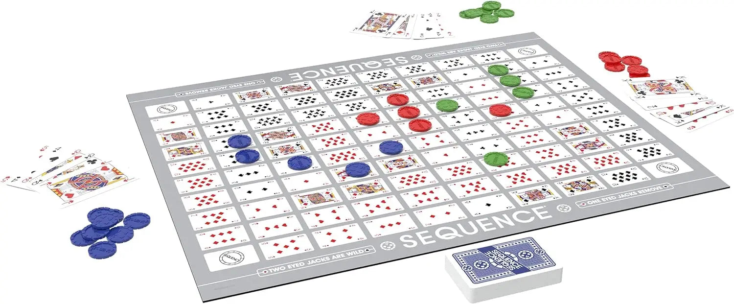 Board game 'Sequence' with cards and markers on a white background