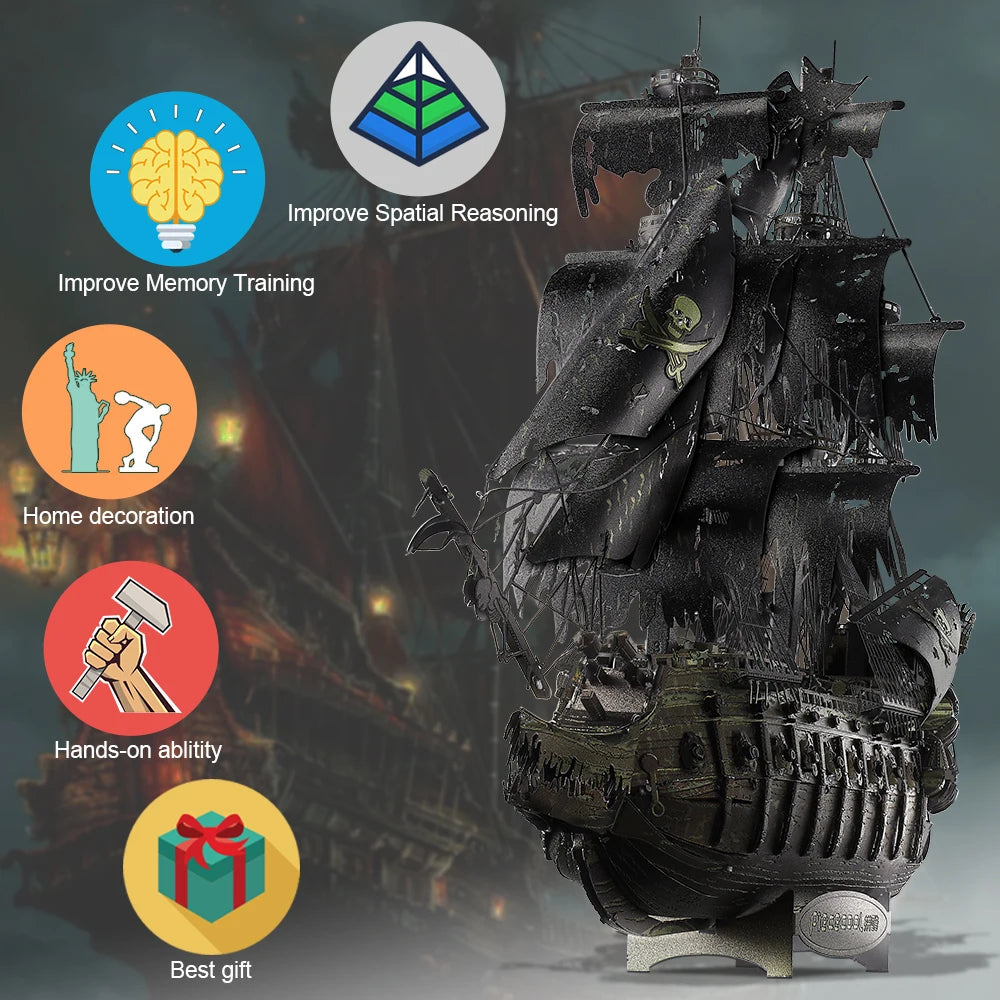 Pirate ship model with educational benefits and decorative uses on a dark background