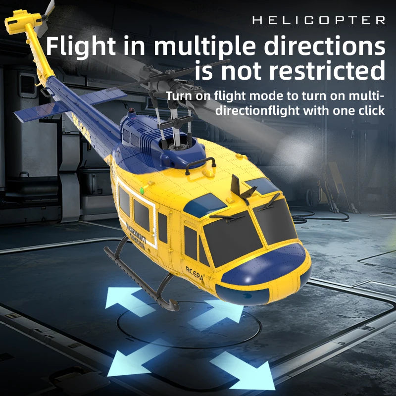 Yellow and blue helicopter with text about multi-directional flight capabilities in a dark indoor setting.