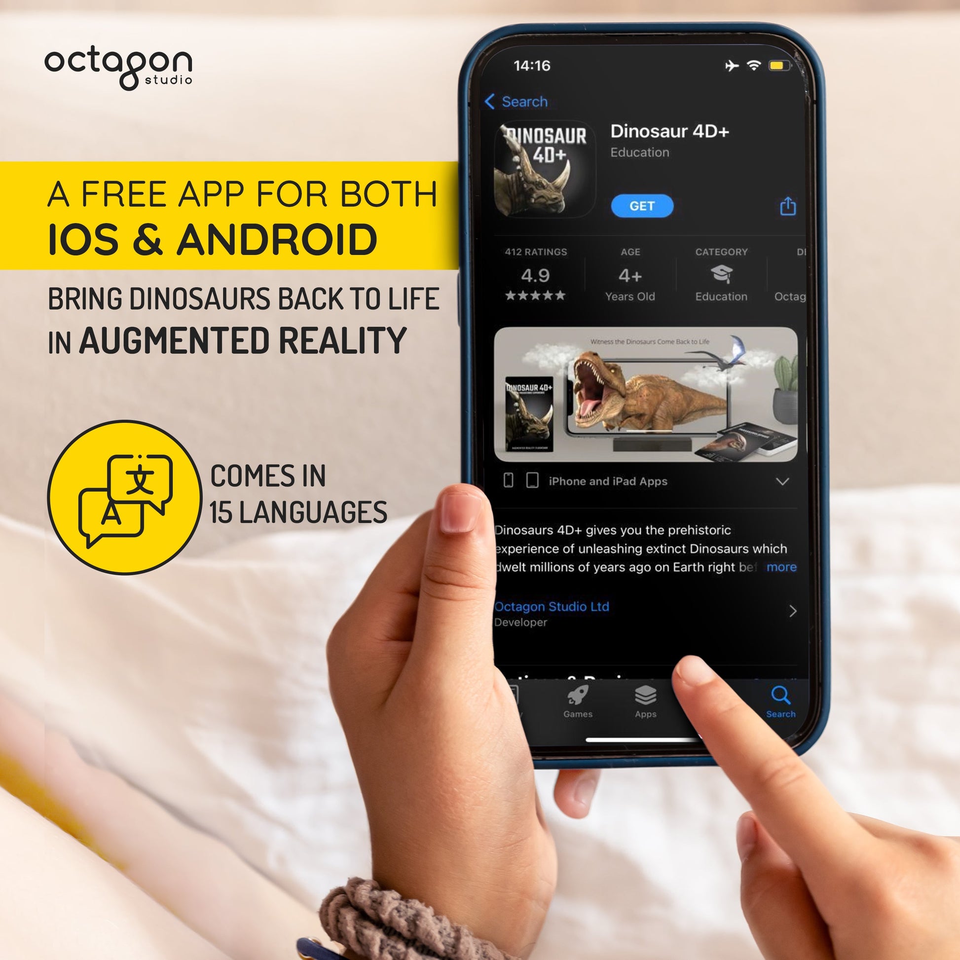 Phone displaying an app for augmented reality dinosaurs with text about the app's features.