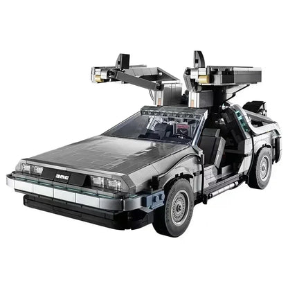 Model of a futuristic vehicle made from interlocking bricks on a white background