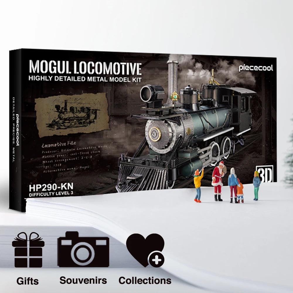 Model kit packaging of a Mogul Locomotive with people figures on a white background