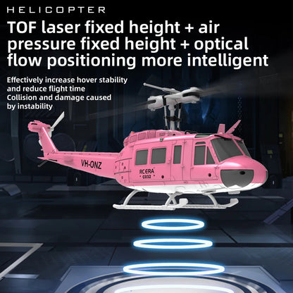 Pink helicopter with text about laser fixed height, air pressure fixed height, and optical flow positioning.