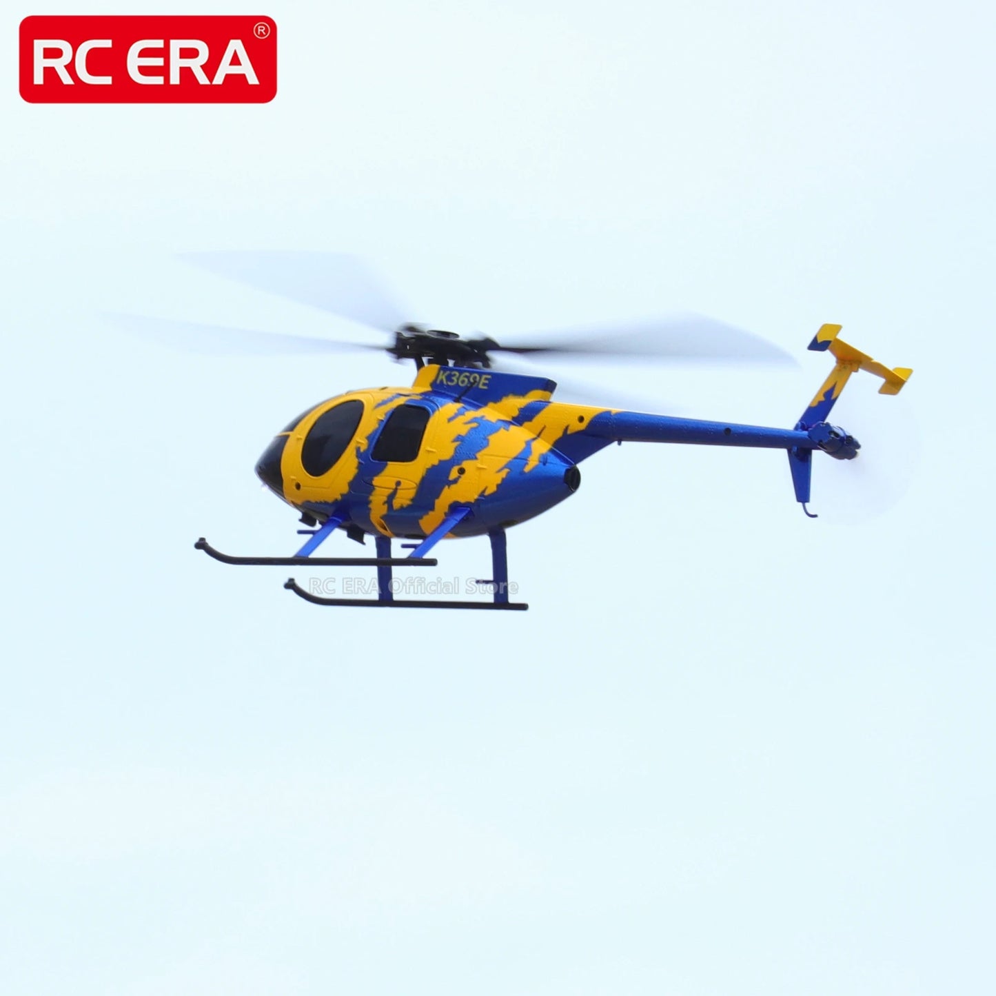 Blue and yellow RC helicopter with 'RC ERA' branding on a white background