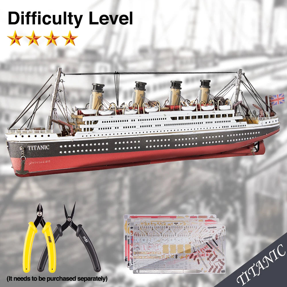 Model of the Titanic with tools and instructions on a blurred background