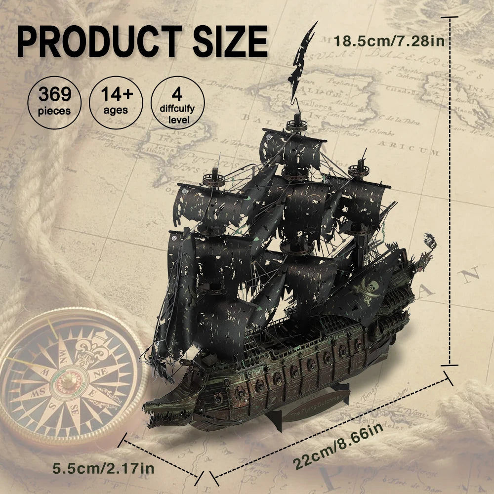 Model ship with product size details on a map background