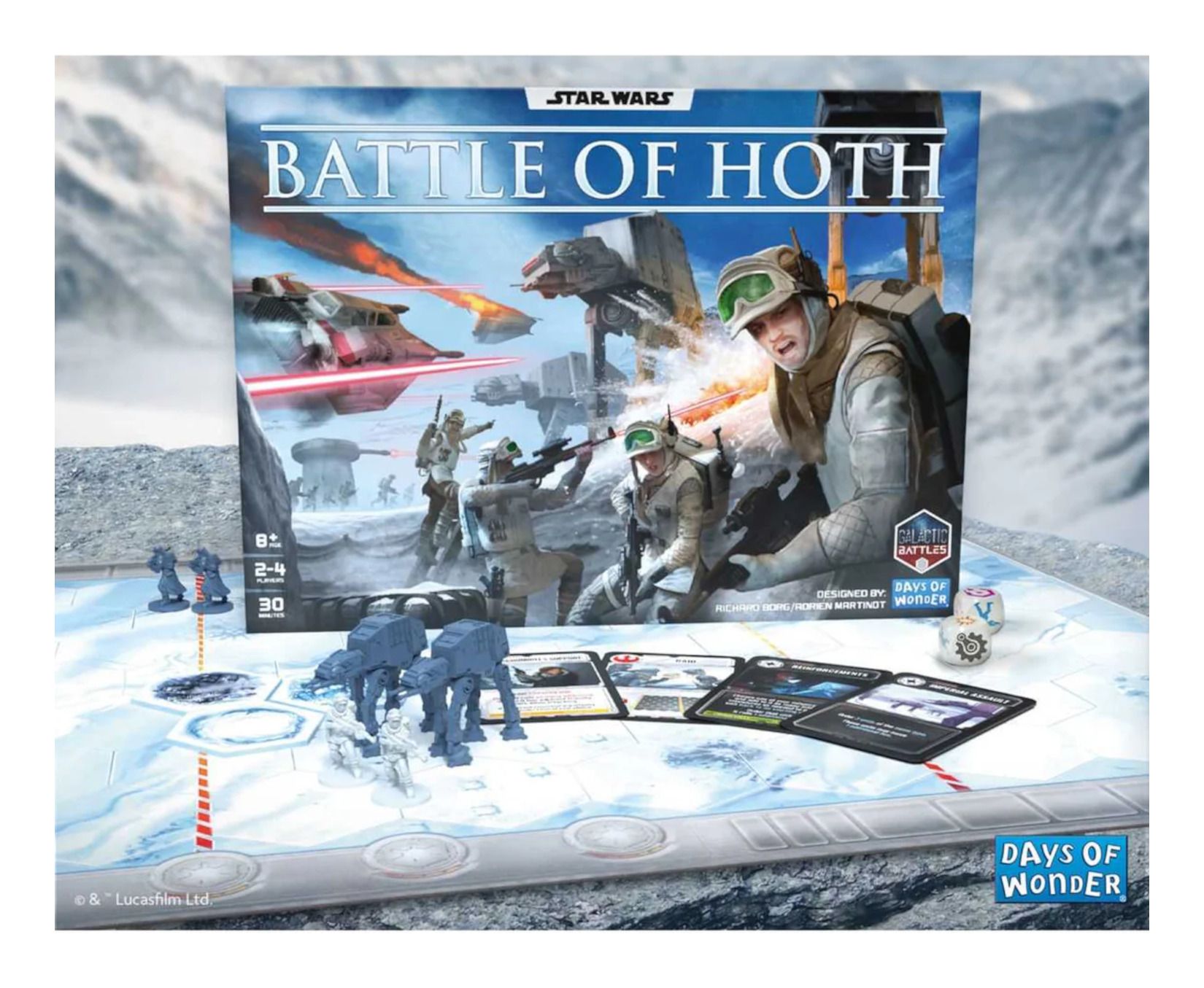 Star Wars 'Battle of Hoth' board game set with packaging and components on a snowy background.