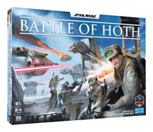 Board game box for 'Star Wars: Battle of Hoth' with characters and vehicles on a snowy landscape.