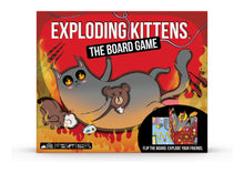 Exploding Kittens The Board Game  Board game box for 'Exploding Kittens' with cartoon cat and bear design on a red background.
