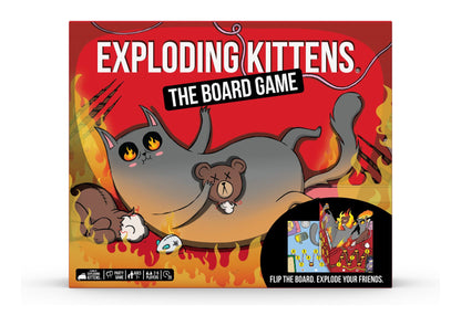Exploding Kittens The Board Game  Board game box for 'Exploding Kittens' with cartoon cat and bear design on a red background.