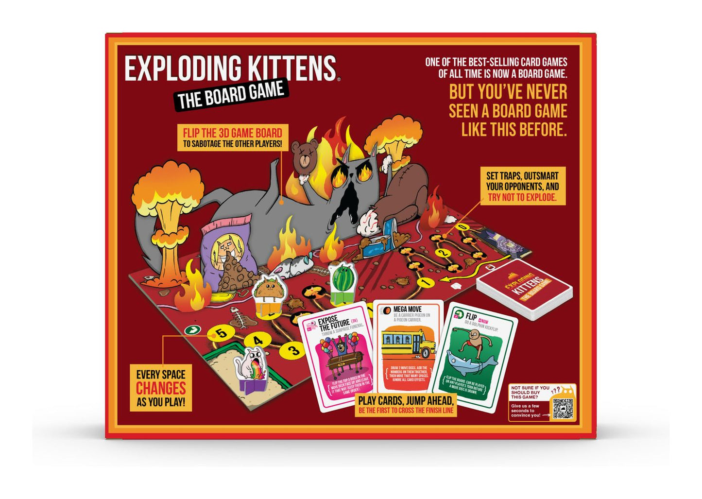 Exploding Kittens The Board Game  Box of Exploding Kittens board game with colorful graphics and text.