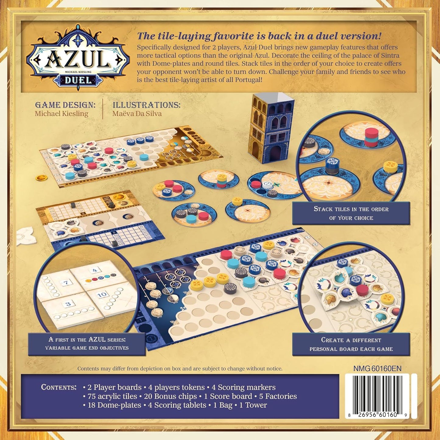 Azul Duel Tile Laying Tactical Strategy Board Game Back cover of Azul Duel board game packaging with game pieces and instructions.