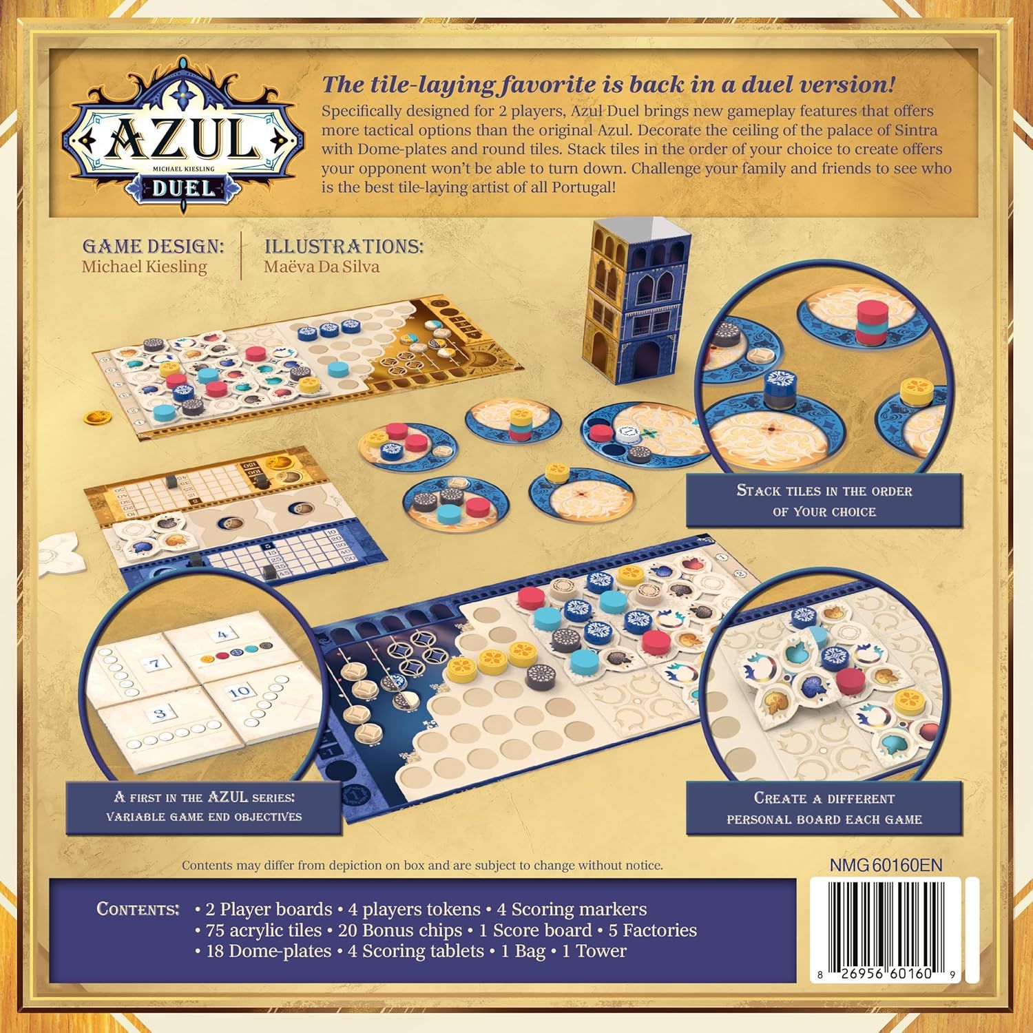 Azul Duel Tile Laying Tactical Strategy Board Game Back cover of Azul Duel board game packaging with game pieces and instructions.