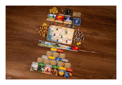 The Lord of the Rings: Duel for Middle-Earth Strategy Board Game Board game components including cards, dice, and a board on a wooden surface