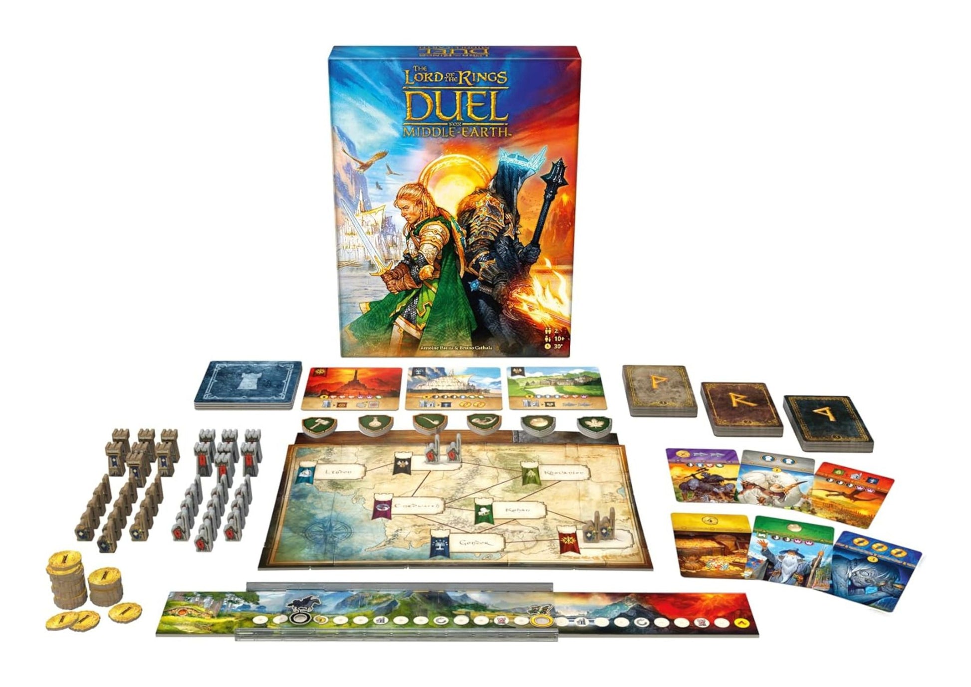 The Lord of the Rings: Duel for Middle-Earth Strategy Board Game Board game set with 'The Lord of the Rings Duel' components on a white background