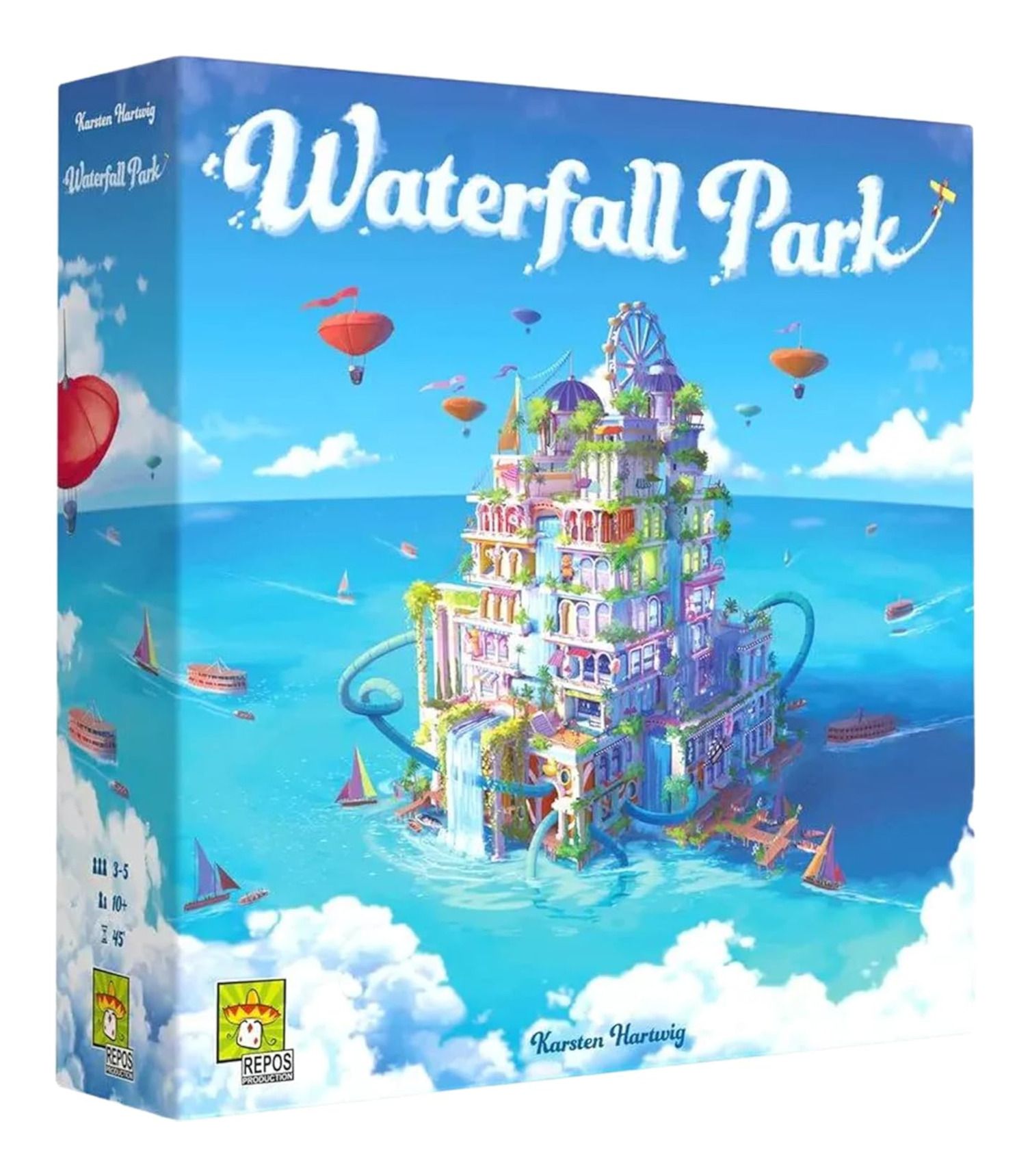 Board game box for 'Waterfall Park' with colorful illustration of a water park on a blue background.