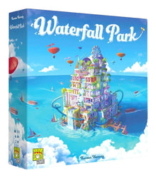 Board game box for 'Waterfall Park' with colorful illustration of a water park on a blue background.