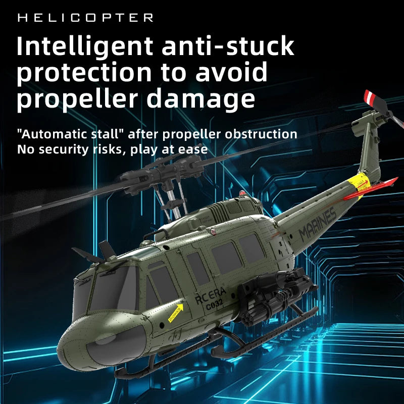 Helicopter with text about intelligent anti-stuck protection on a dark background